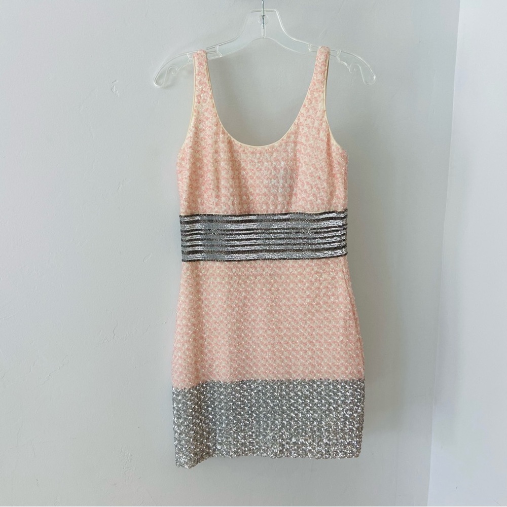 Badgley Mischka Belle Sz 2 Beaded/Sequin Sheath Dress Pink/Grey sleeveless